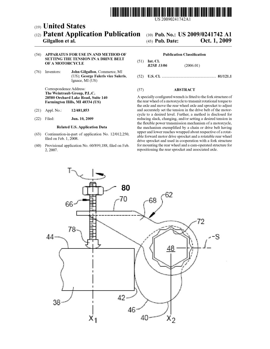 APPARATUS FOR USE IN AND METHOD OF SETTING THE TENSION IN A DRIVE BELT OF A MOTORCYCLE - diagram, schematic, and image 01