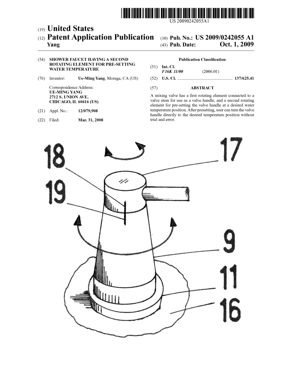 Shower faucet having a second rotating element for pre-setting water temperature - diagram, schematic, and image 01