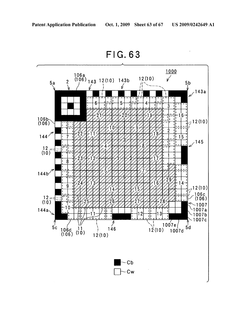 Two-dimensional code having rectangular region provided with specific patterns for specify cell positions and distinction from background - diagram, schematic, and image 64