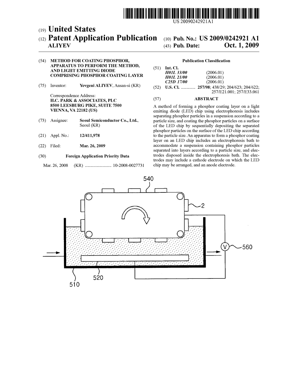 METHOD FOR COATING PHOSPHOR, APPARATUS TO PERFORM THE METHOD, AND LIGHT EMITTING DIODE COMPRISING PHOSPHOR COATING LAYER - diagram, schematic, and image 01