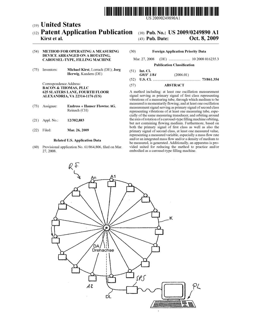 Method for operating a measuring device arranged on a rotating, carousel-type, filling machine - diagram, schematic, and image 01