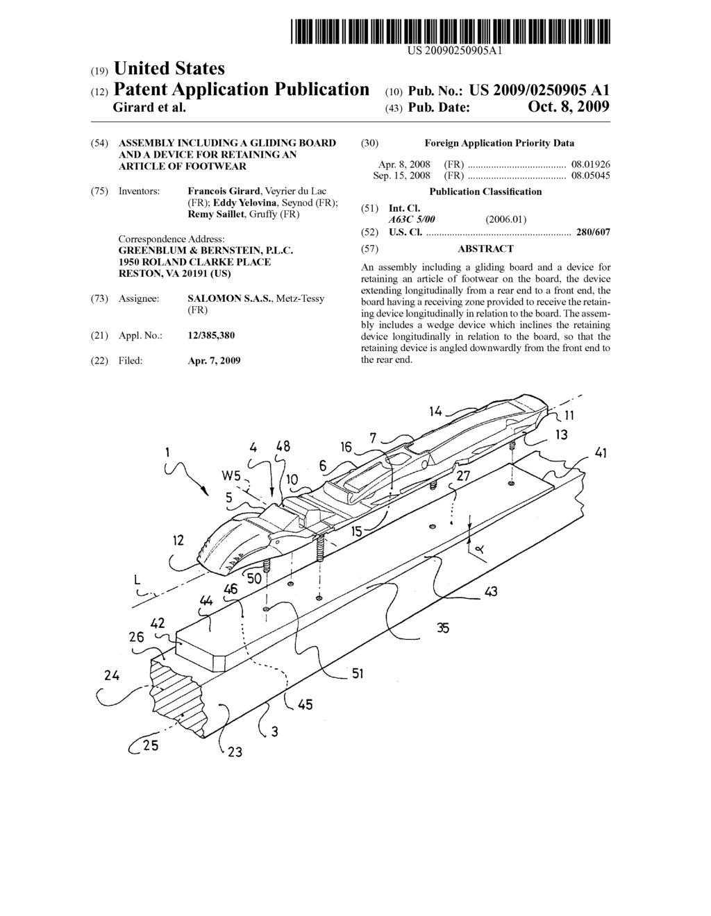 Assembly including a gliding board and a device for retaining an article of footwear - diagram, schematic, and image 01