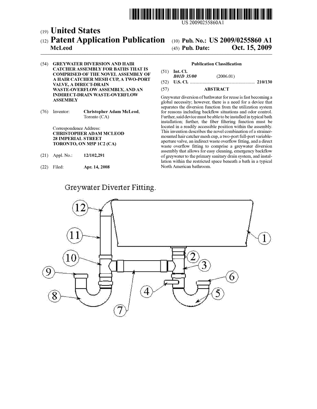  Greywater diversion and hair catcher assembly for baths that is comprised of the novel assembly of a hair catcher mesh cup, a two-port valve, a direct-drain waste-overflow assembly, and an indirect-drain waste-overflow assembly - diagram, schematic, and image 01