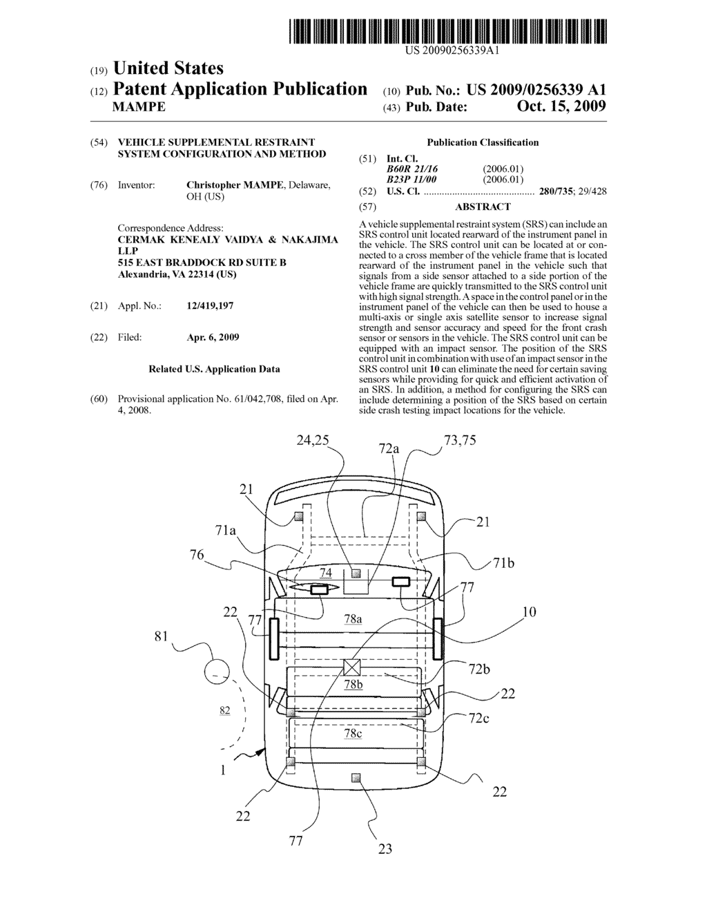 VEHICLE SUPPLEMENTAL RESTRAINT SYSTEM CONFIGURATION AND METHOD - diagram, schematic, and image 01