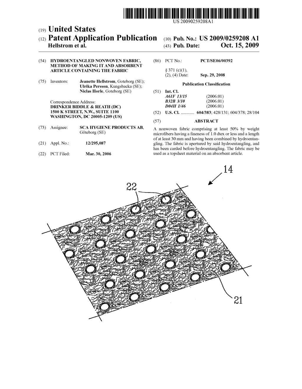 HYDROENTANGLED NONWOVEN FABRIC, METHOD OF MAKING IT AND ABSORBENT ARTICLE CONTAINING THE FABRIC - diagram, schematic, and image 01