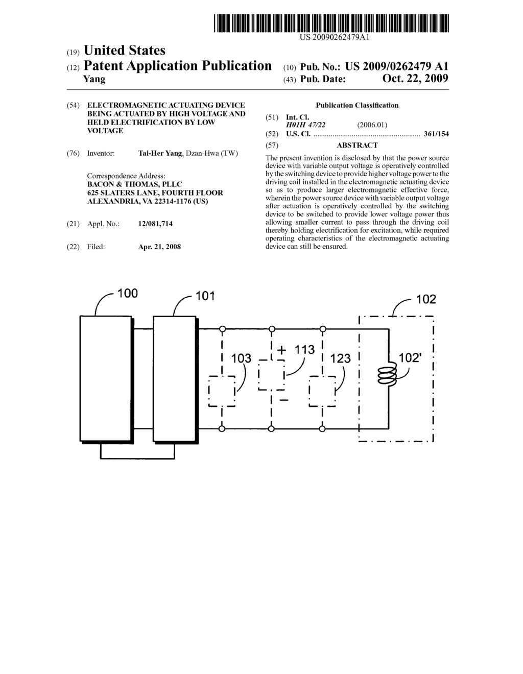 Electromagnetic actuating device being actuated by high voltage and held electrification by low voltage - diagram, schematic, and image 01