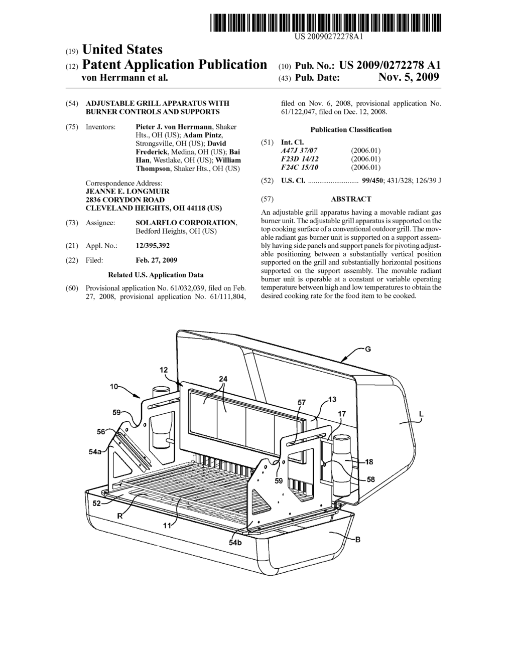 ADJUSTABLE GRILL APPARATUS WITH BURNER CONTROLS AND SUPPORTS - diagram, schematic, and image 01