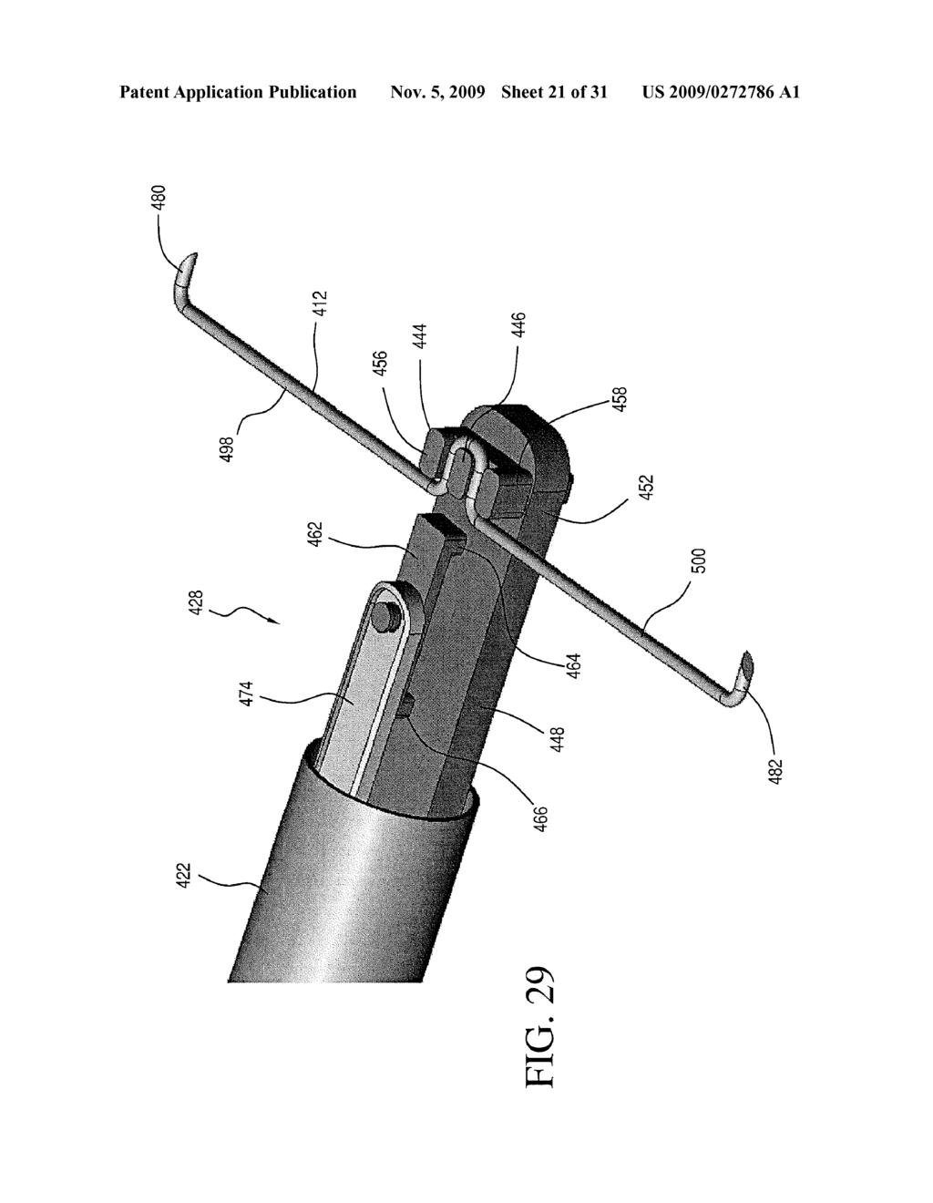 SURGICAL STAPLING INSTRUMENT FOR APPLYING A LARGE STAPLE THROUGH A SMALL DELIVERY PORT AND A METHOD OF USING THE SURGICAL STAPLER TO SECURE A TISSUE FOLD - diagram, schematic, and image 22