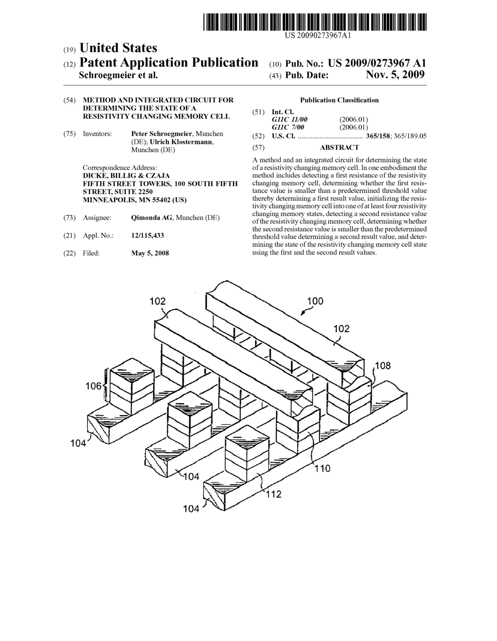 METHOD AND INTEGRATED CIRCUIT FOR DETERMINING THE STATE OF A RESISTIVITY CHANGING MEMORY CELL - diagram, schematic, and image 01