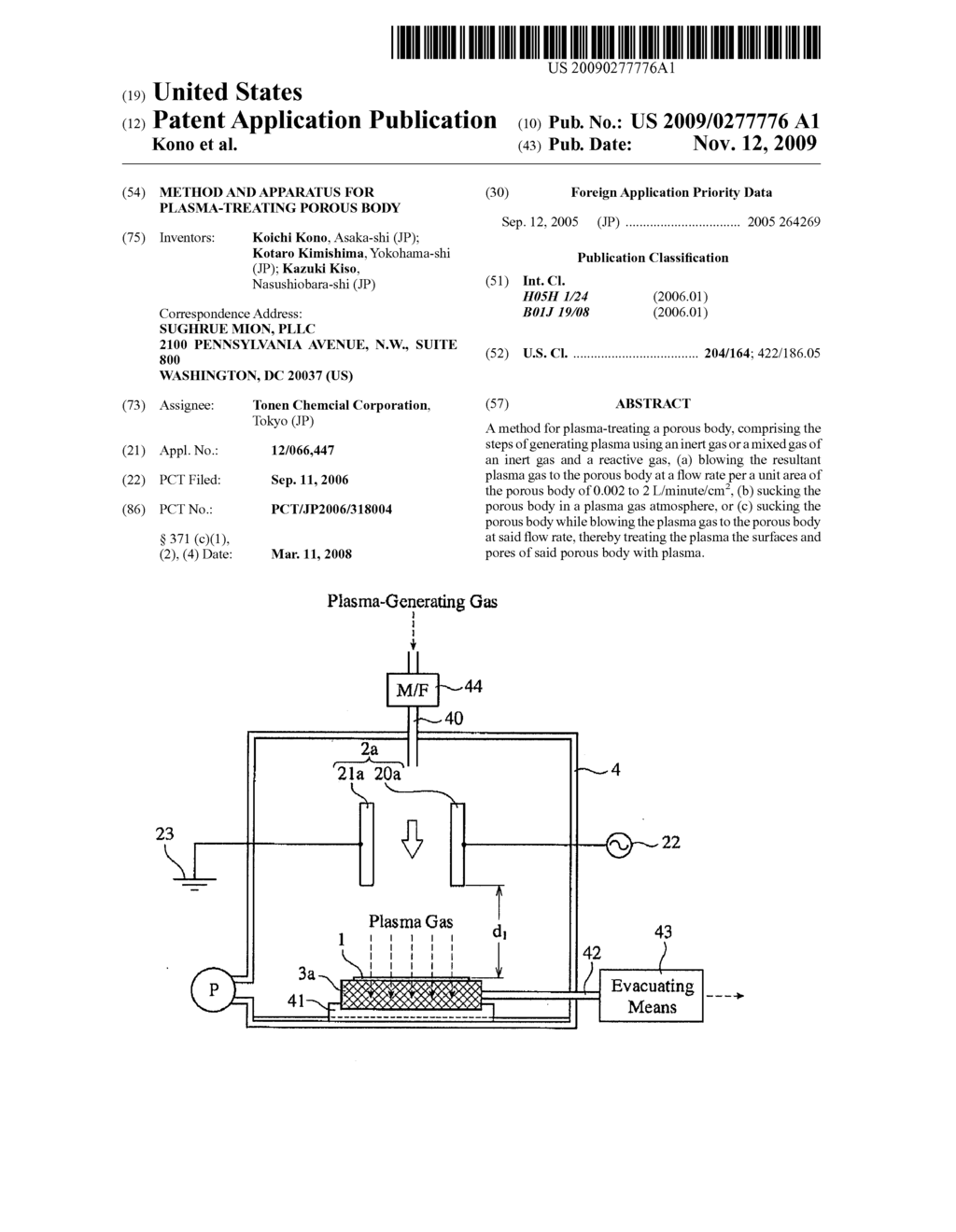 METHOD AND APPARATUS FOR PLASMA-TREATING POROUS BODY - diagram, schematic, and image 01