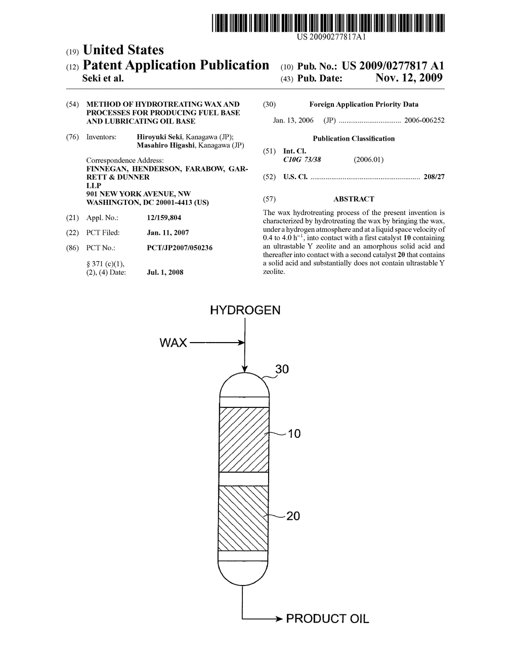 METHOD OF HYDROTREATING WAX AND PROCESSES FOR PRODUCING FUEL BASE AND LUBRICATING OIL BASE - diagram, schematic, and image 01