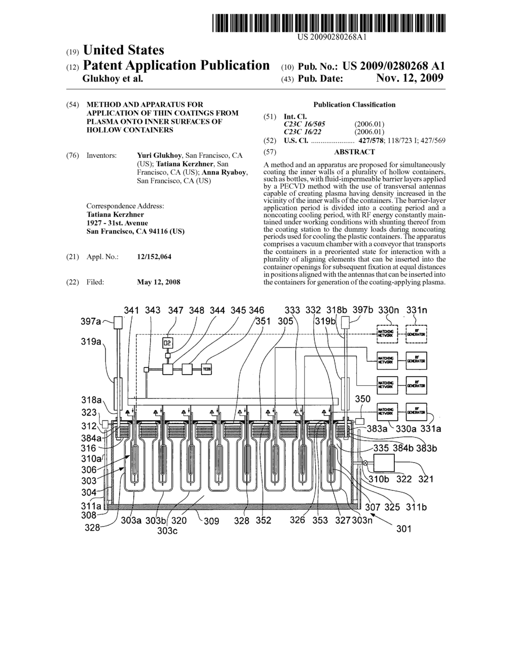 Method and apparatus for application of thin coatings from plasma onto inner surfaces of hollow containers - diagram, schematic, and image 01