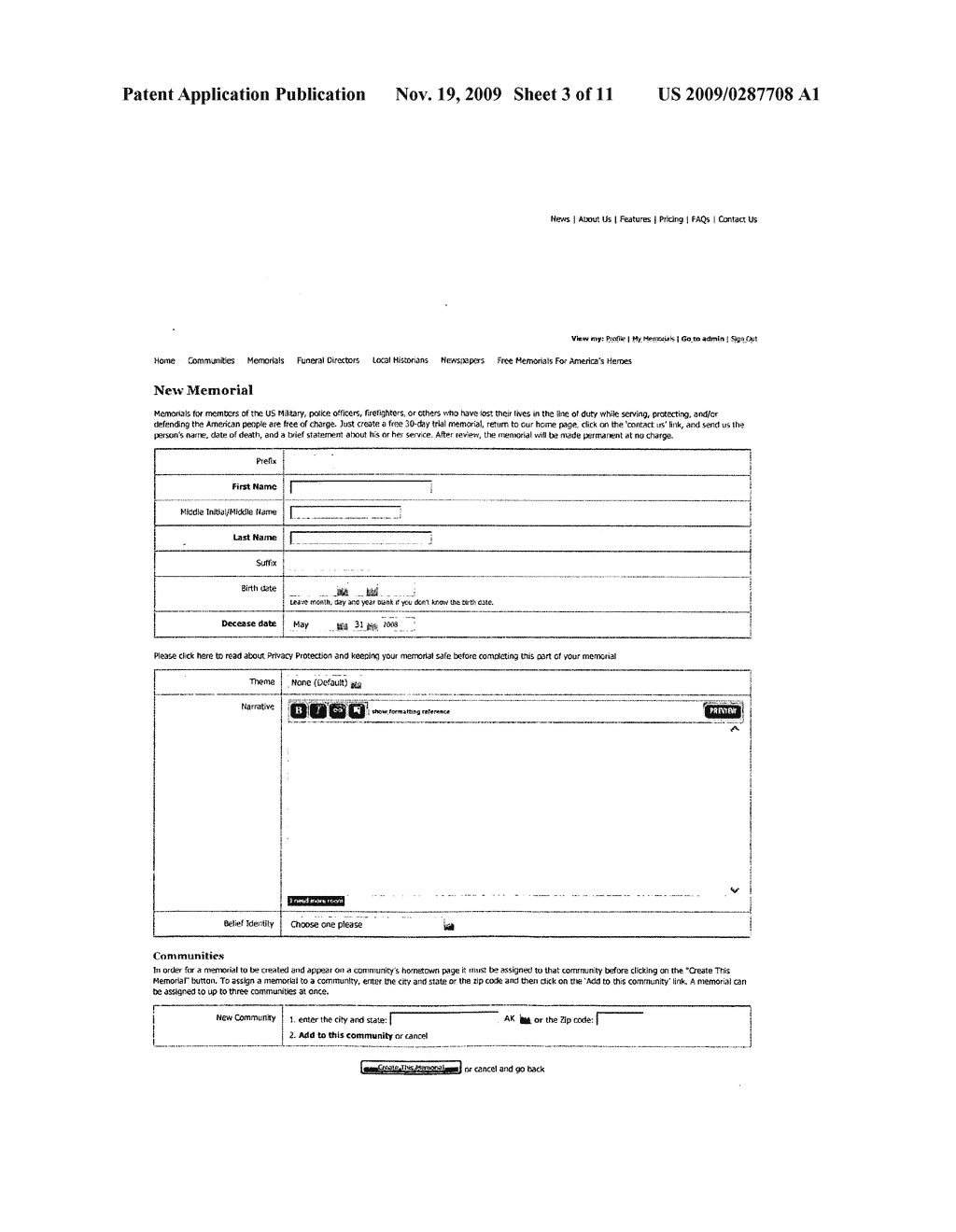 Trans-community online memorial website for decedent memorials organized by community within a larger geographic service area - diagram, schematic, and image 04