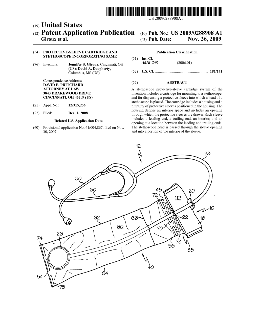 Protective-sleeve cartridge and stethoscope incorporating same - diagram, schematic, and image 01