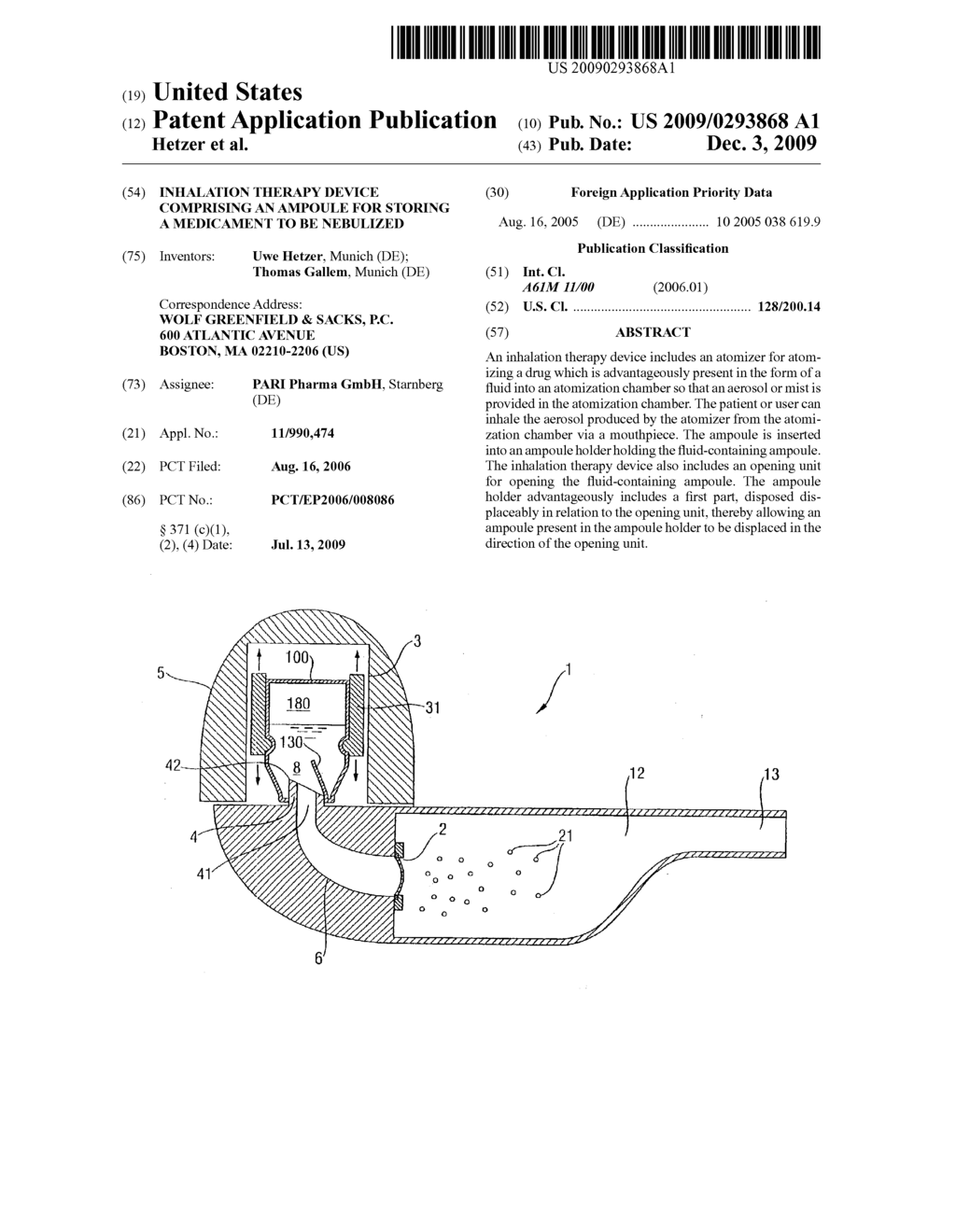 Inhalation Therapy Device Comprising an Ampoule for Storing a Medicament To Be Nebulized - diagram, schematic, and image 01