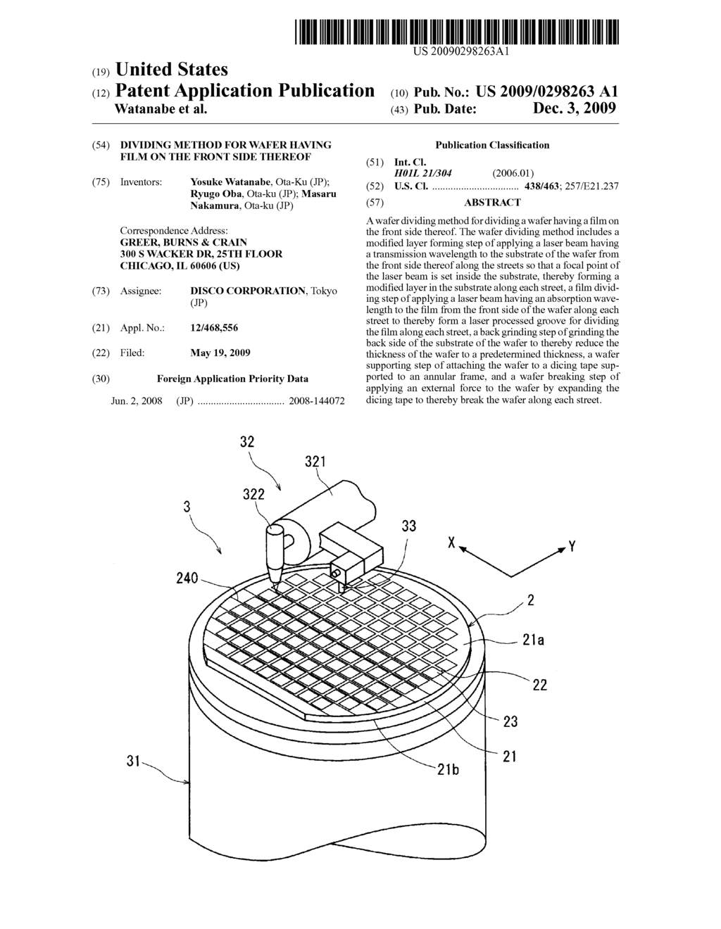 DIVIDING METHOD FOR WAFER HAVING FILM ON THE FRONT SIDE THEREOF - diagram, schematic, and image 01