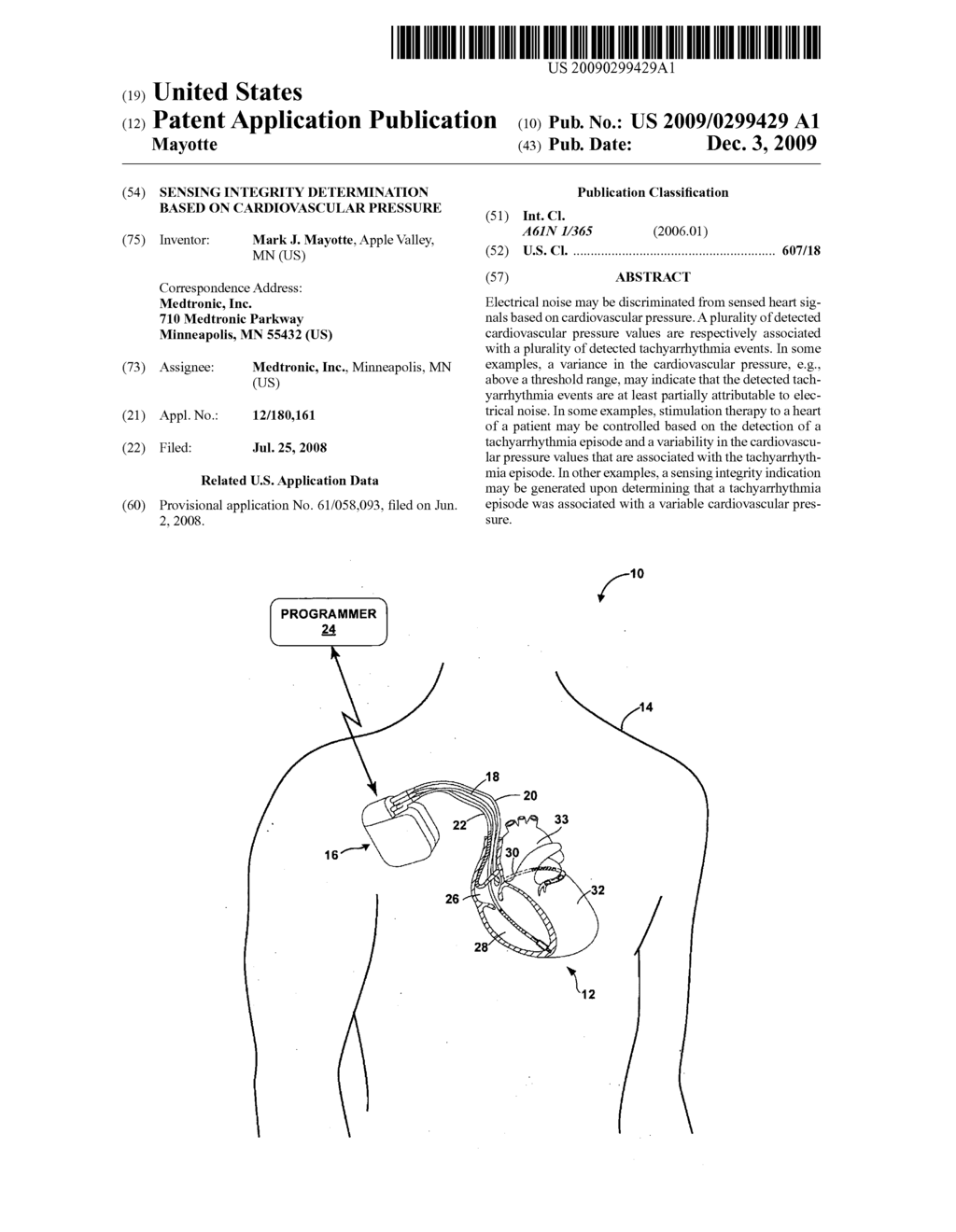 SENSING INTEGRITY DETERMINATION BASED ON CARDIOVASCULAR PRESSURE - diagram, schematic, and image 01