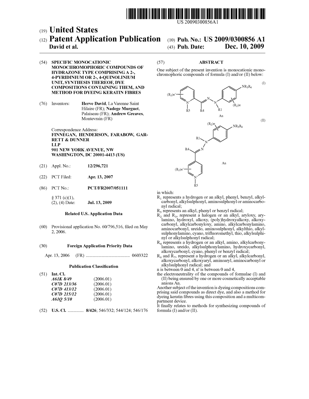 SPECIFIC MONOCATIONIC MONOCHROMOPHORIC COMPOUNDS OF HYDRAZONE TYPE COMPRISING A 2-, 4-PYRIDINIUM OR 2-, 4-QUINOLINIUM UNIT, SYNTHESIS THEREOF, DYE COMPOSITIONS CONTAINING THEM, AND METHOD FOR DYEING KERATIN FIBRES - diagram, schematic, and image 01