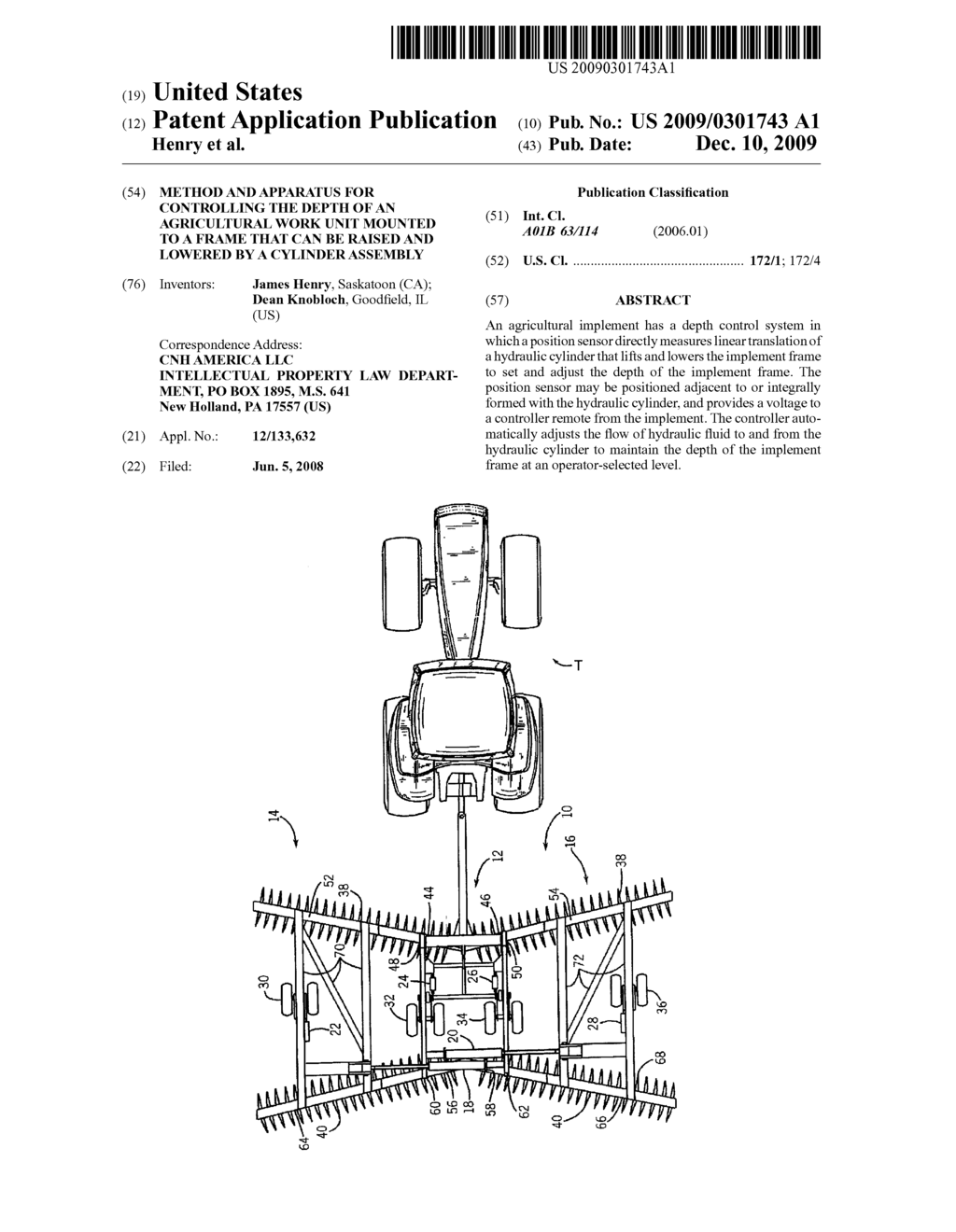 METHOD AND APPARATUS FOR CONTROLLING THE DEPTH OF AN AGRICULTURAL WORK UNIT MOUNTED TO A FRAME THAT CAN BE RAISED AND LOWERED BY A CYLINDER ASSEMBLY - diagram, schematic, and image 01