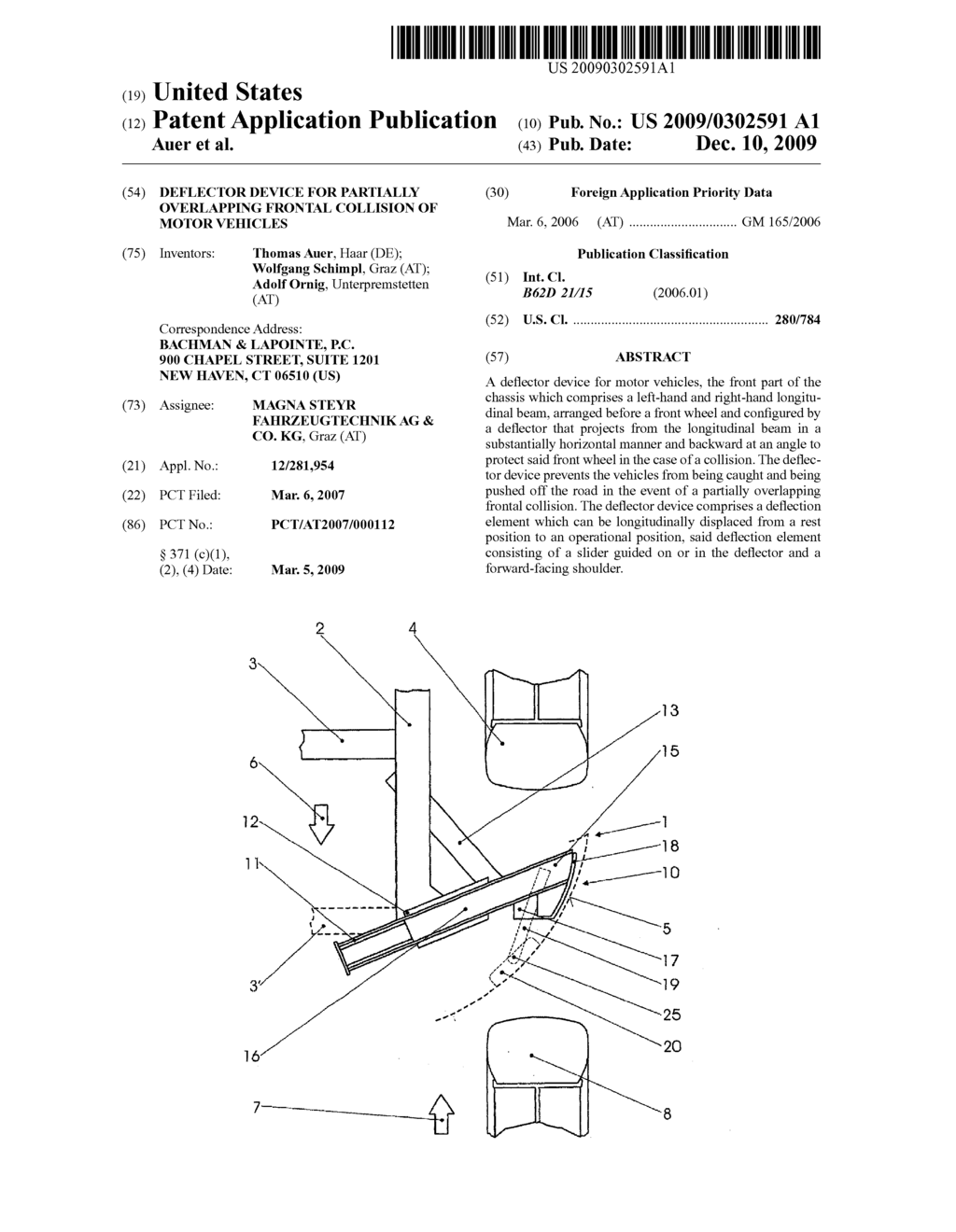 DEFLECTOR DEVICE FOR PARTIALLY OVERLAPPING FRONTAL COLLISION OF MOTOR VEHICLES - diagram, schematic, and image 01