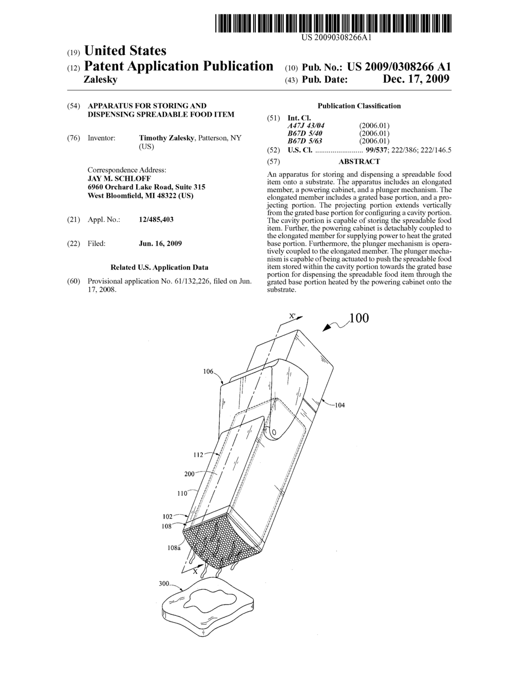 APPARATUS FOR STORING AND DISPENSING SPREADABLE FOOD ITEM - diagram, schematic, and image 01