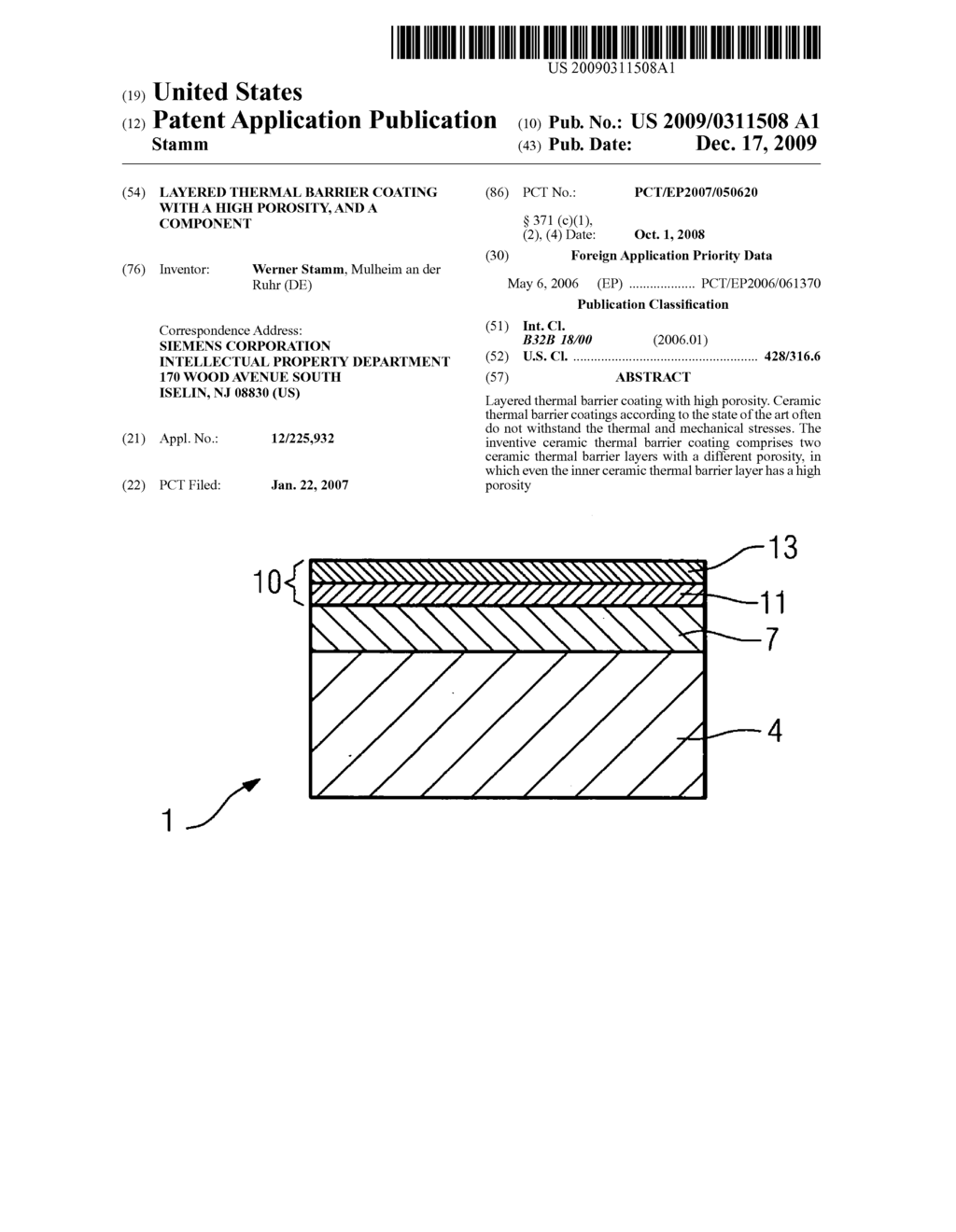 LAYERED THERMAL BARRIER COATING WITH A HIGH POROSITY, AND A COMPONENT - diagram, schematic, and image 01