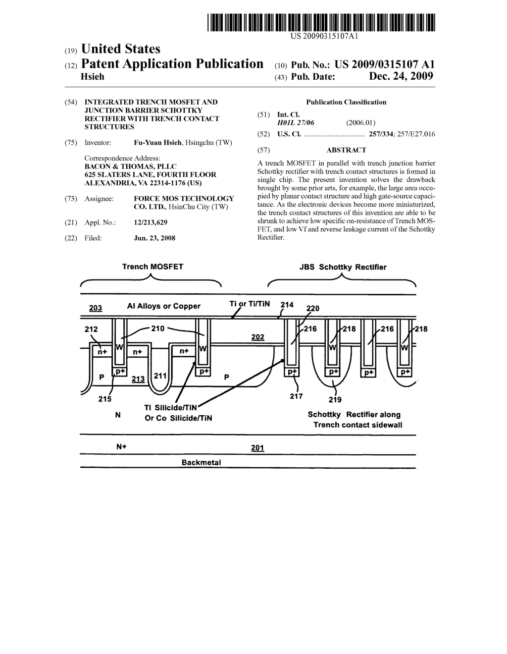 INTEGRATED TRENCH MOSFET AND JUNCTION BARRIER SCHOTTKY RECTIFIER WITH TRENCH CONTACT STRUCTURES - diagram, schematic, and image 01