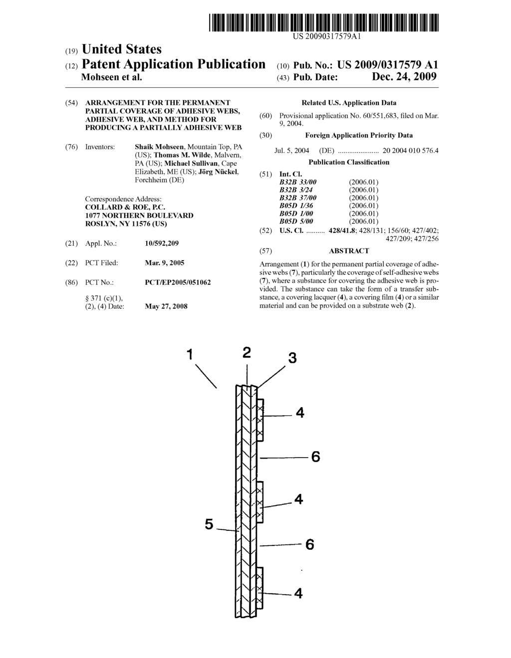 Arrangement for the permanent partial coverage of adhesive webs, adhesive web, and method for producing a partially adhesive web - diagram, schematic, and image 01