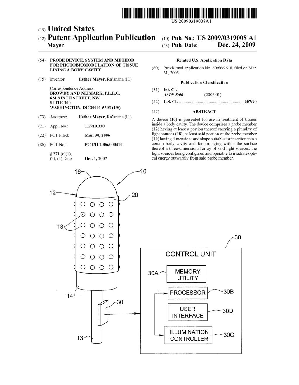 PROBE DEVICE, SYSTEM AND METHOD FOR PHOTOBIOMODULATION OF TISSUE LINING A BODY CAVITY - diagram, schematic, and image 01