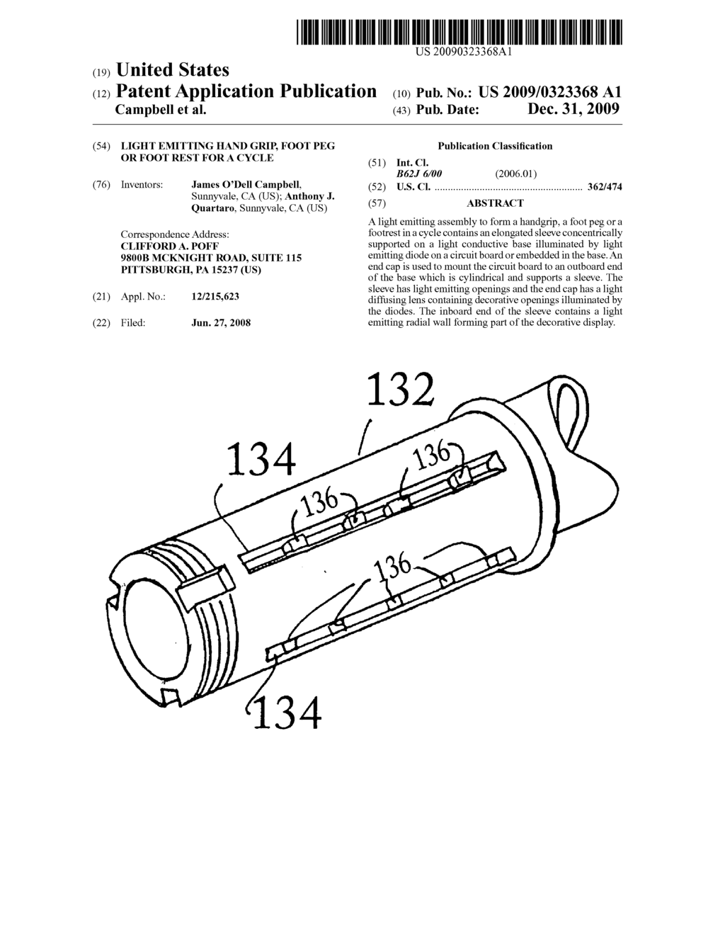 Light emitting hand grip, foot peg or foot rest for a cycle - diagram, schematic, and image 01