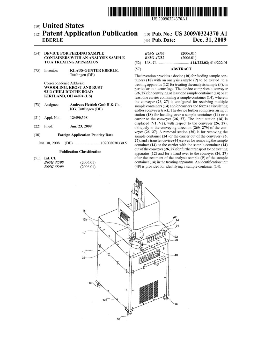 DEVICE FOR FEEDING SAMPLE CONTAINERS WITH AN ANALYSIS SAMPLE TO A TREATING APPARATUS - diagram, schematic, and image 01