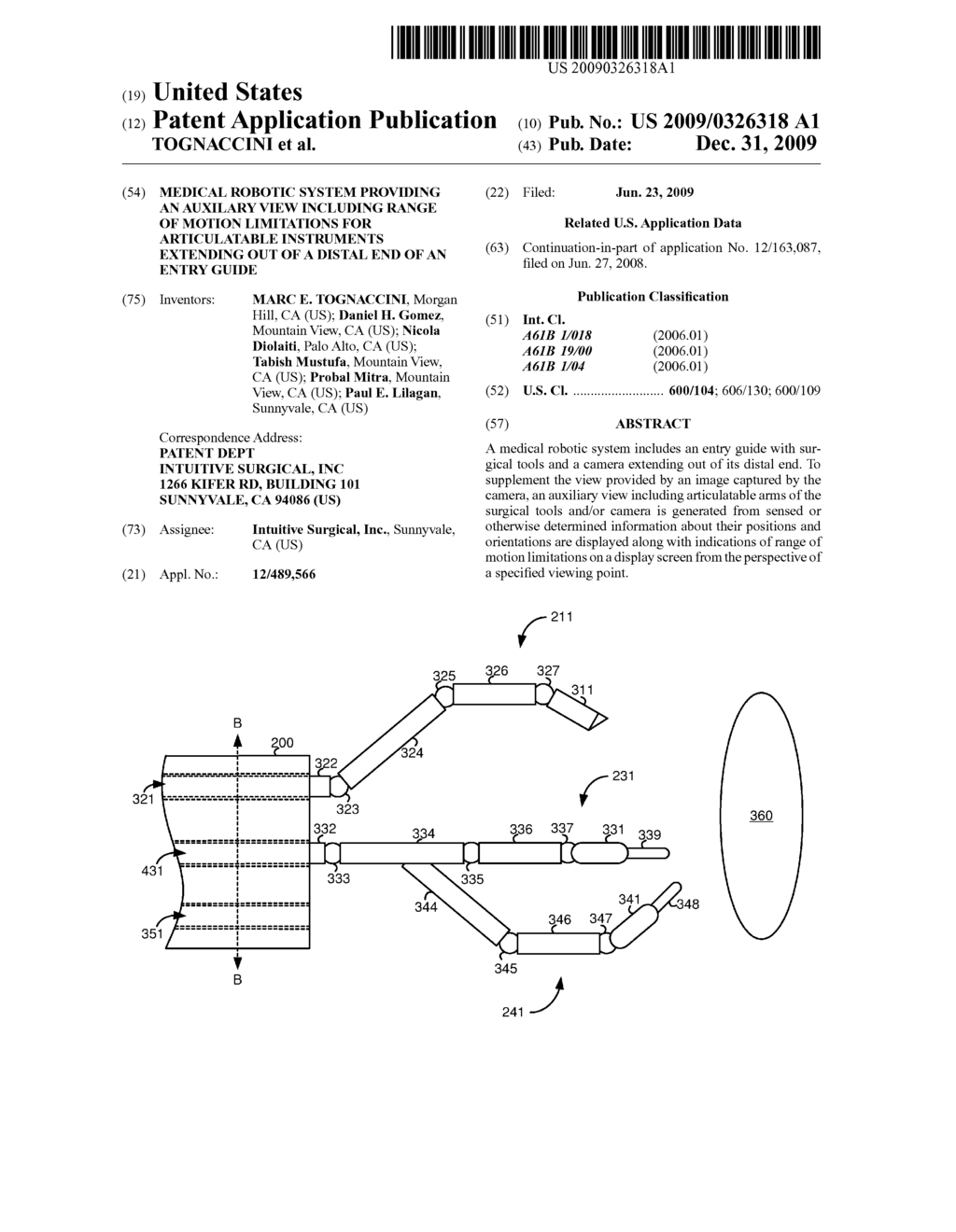 MEDICAL ROBOTIC SYSTEM PROVIDING AN AUXILARY VIEW INCLUDING RANGE OF MOTION LIMITATIONS FOR ARTICULATABLE INSTRUMENTS EXTENDING OUT OF A DISTAL END OF AN ENTRY GUIDE - diagram, schematic, and image 01