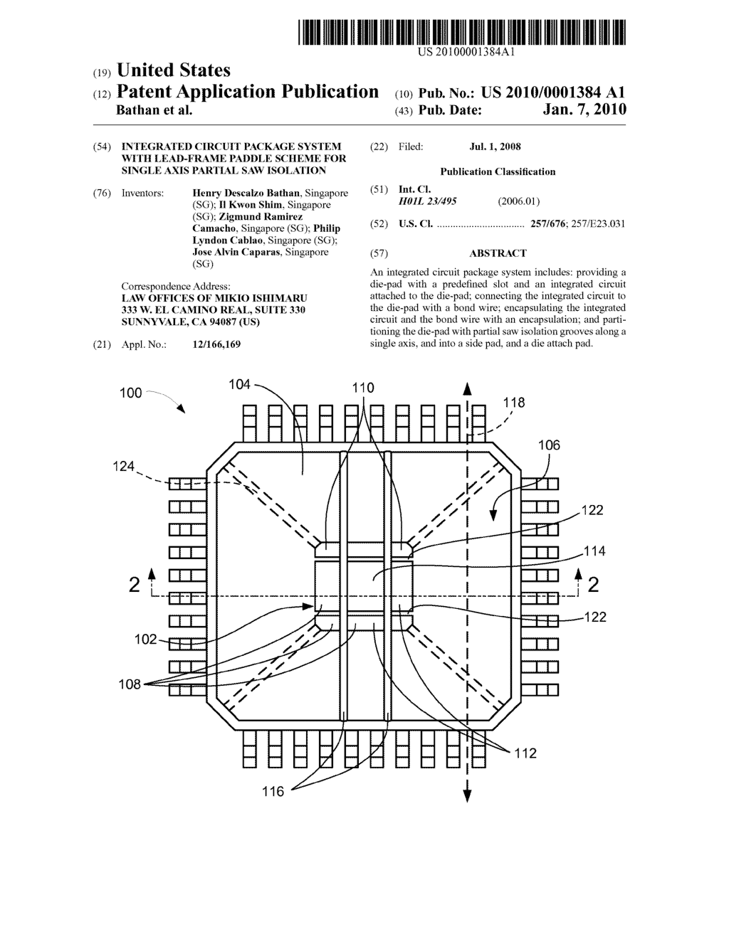 INTEGRATED CIRCUIT PACKAGE SYSTEM WITH LEAD-FRAME PADDLE SCHEME FOR SINGLE AXIS PARTIAL SAW ISOLATION - diagram, schematic, and image 01