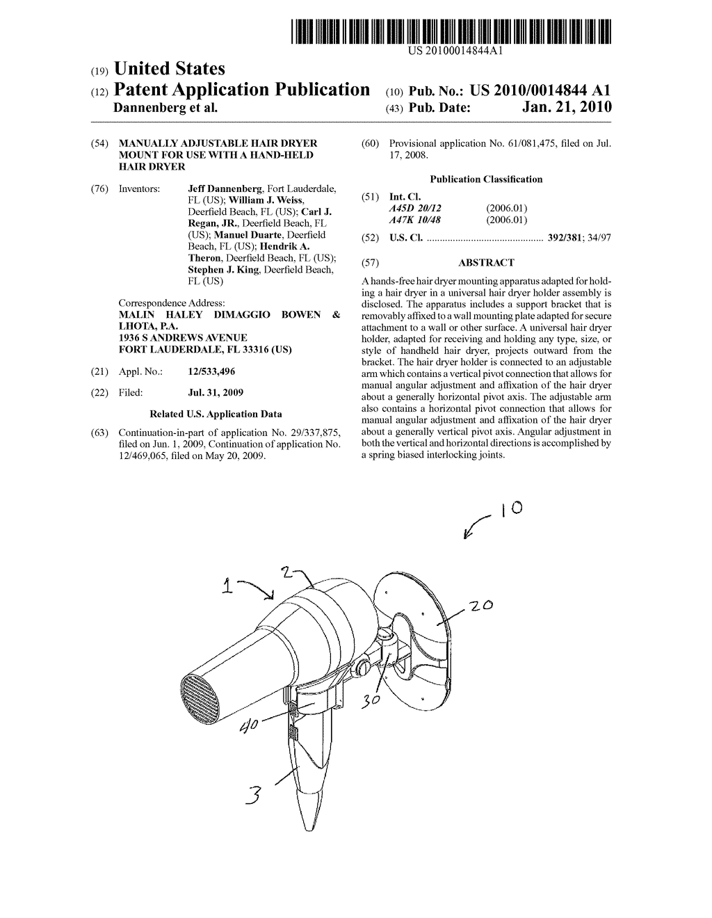MANUALLY ADJUSTABLE HAIR DRYER MOUNT FOR USE WITH A HAND-HELD HAIR DRYER - diagram, schematic, and image 01