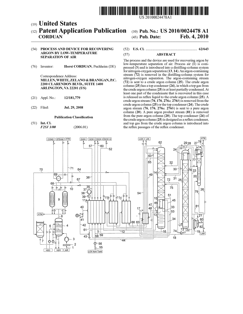 PROCESS AND DEVICE FOR RECOVERING ARGON BY LOW-TEMPERATURE SEPARATION OF AIR - diagram, schematic, and image 01