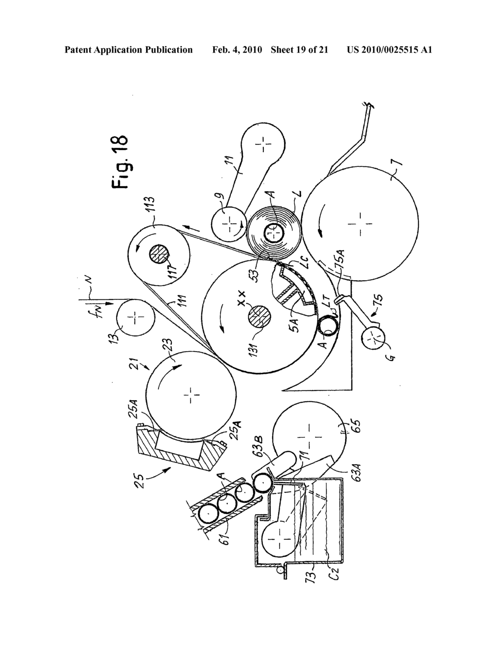 Method and device for gluing the free edge of a log of web material in a rewinding machine - diagram, schematic, and image 20