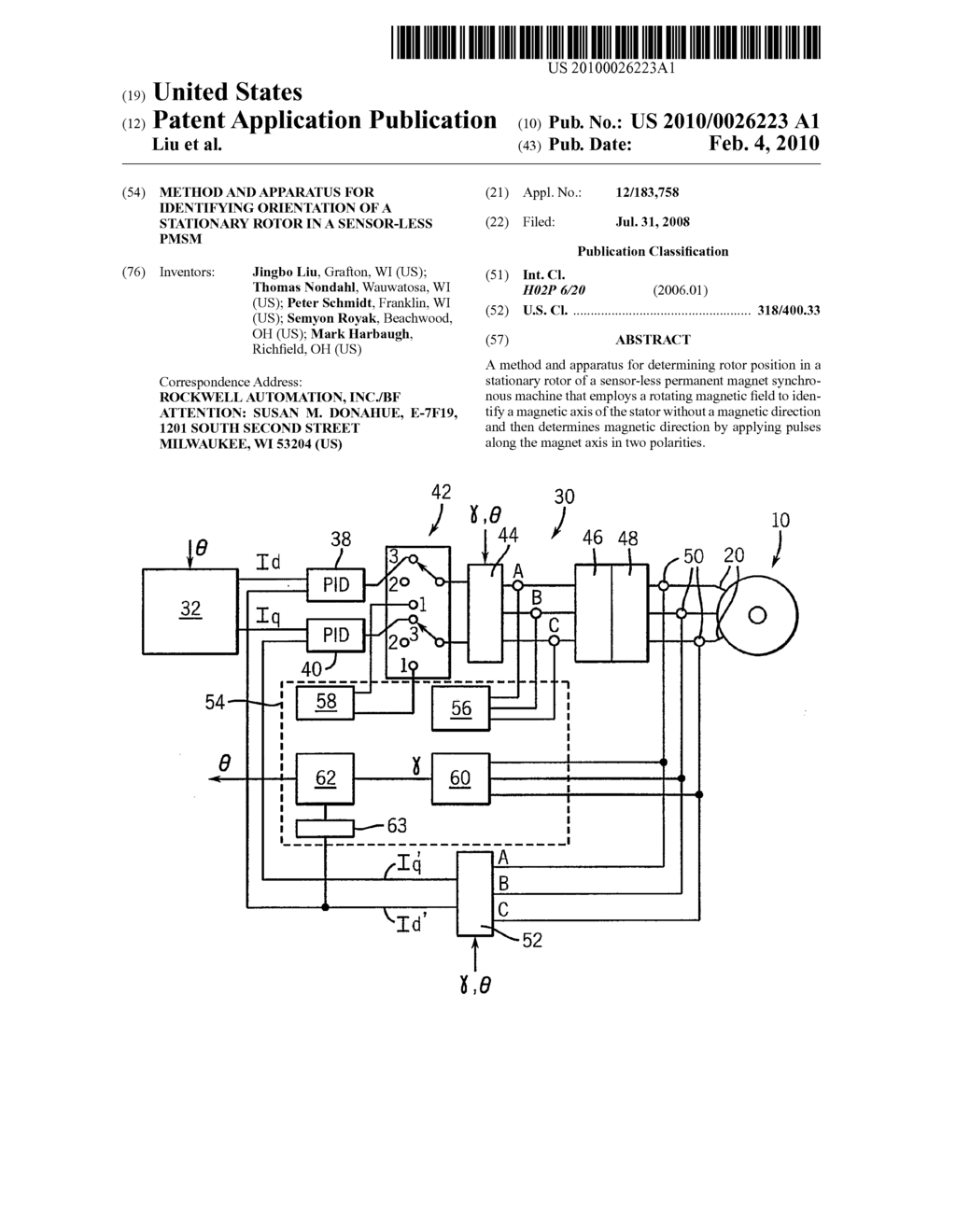 METHOD AND APPARATUS FOR IDENTIFYING ORIENTATION OF A STATIONARY ROTOR IN A SENSOR-LESS PMSM - diagram, schematic, and image 01