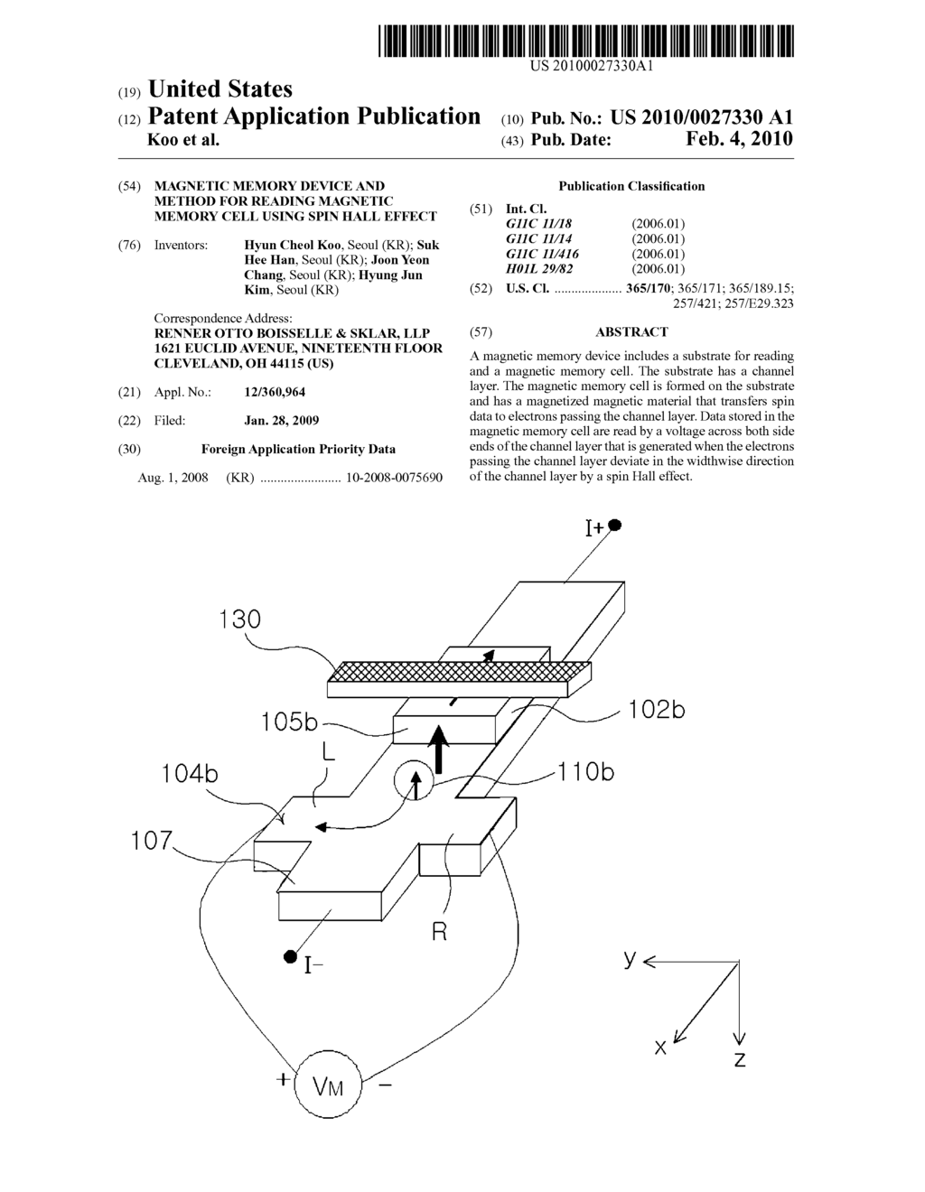 MAGNETIC MEMORY DEVICE AND METHOD FOR READING MAGNETIC MEMORY CELL USING SPIN HALL EFFECT - diagram, schematic, and image 01