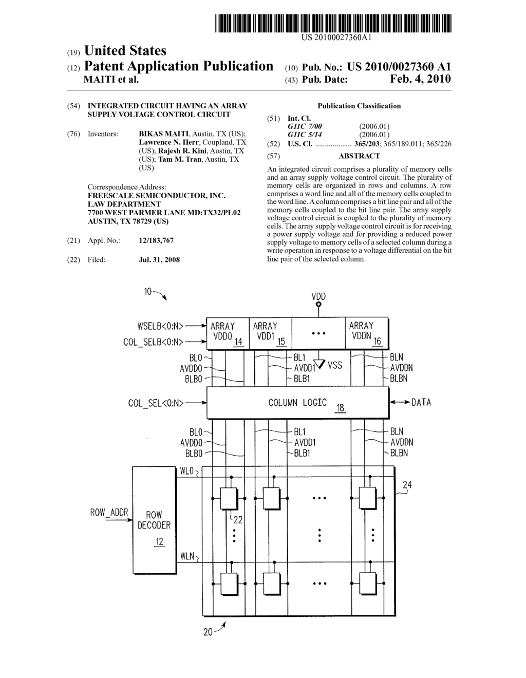 INTEGRATED CIRCUIT HAVING AN ARRAY SUPPLY VOLTAGE CONTROL CIRCUIT - diagram, schematic, and image 01