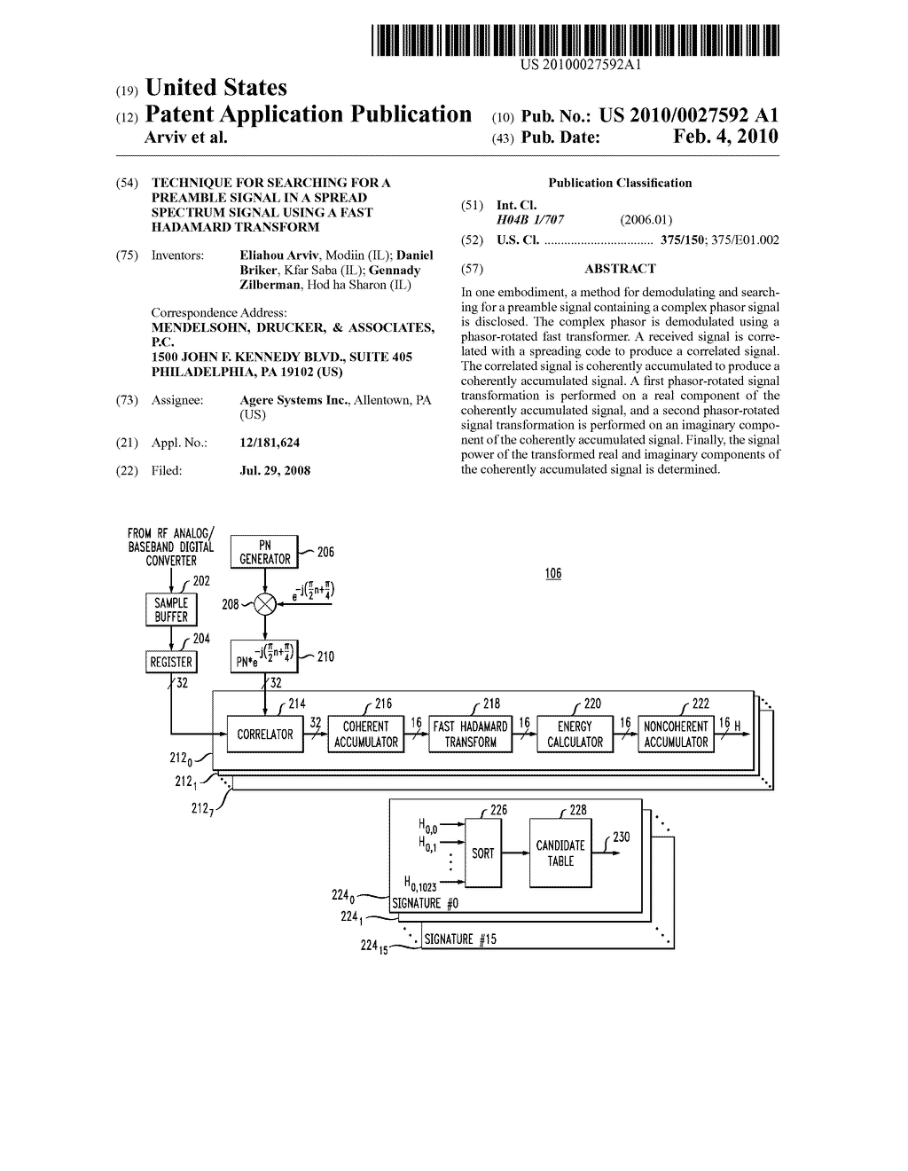 TECHNIQUE FOR SEARCHING FOR A PREAMBLE SIGNAL IN A SPREAD SPECTRUM SIGNAL USING A FAST HADAMARD TRANSFORM - diagram, schematic, and image 01