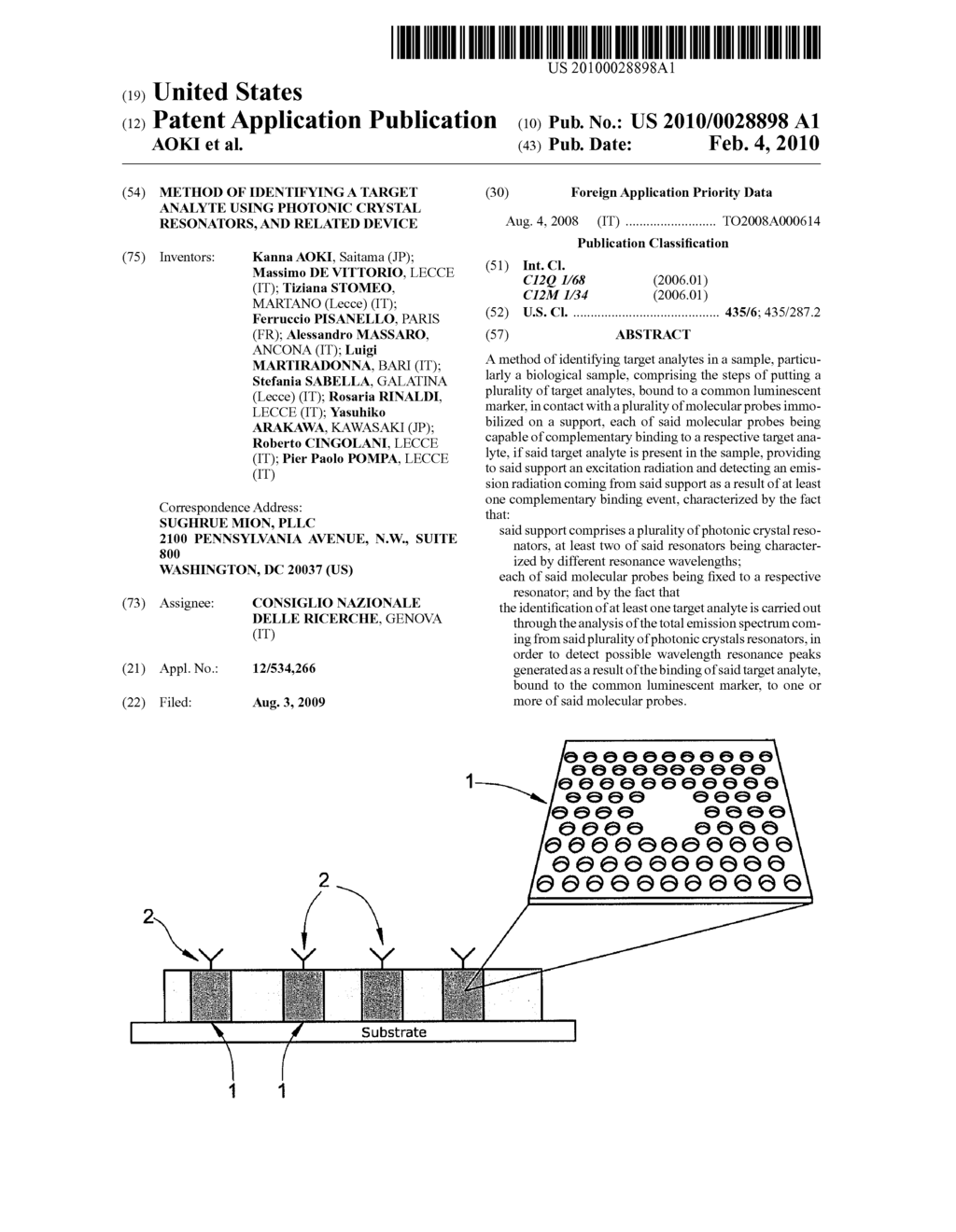 METHOD OF IDENTIFYING A TARGET ANALYTE USING PHOTONIC CRYSTAL RESONATORS, AND RELATED DEVICE - diagram, schematic, and image 01