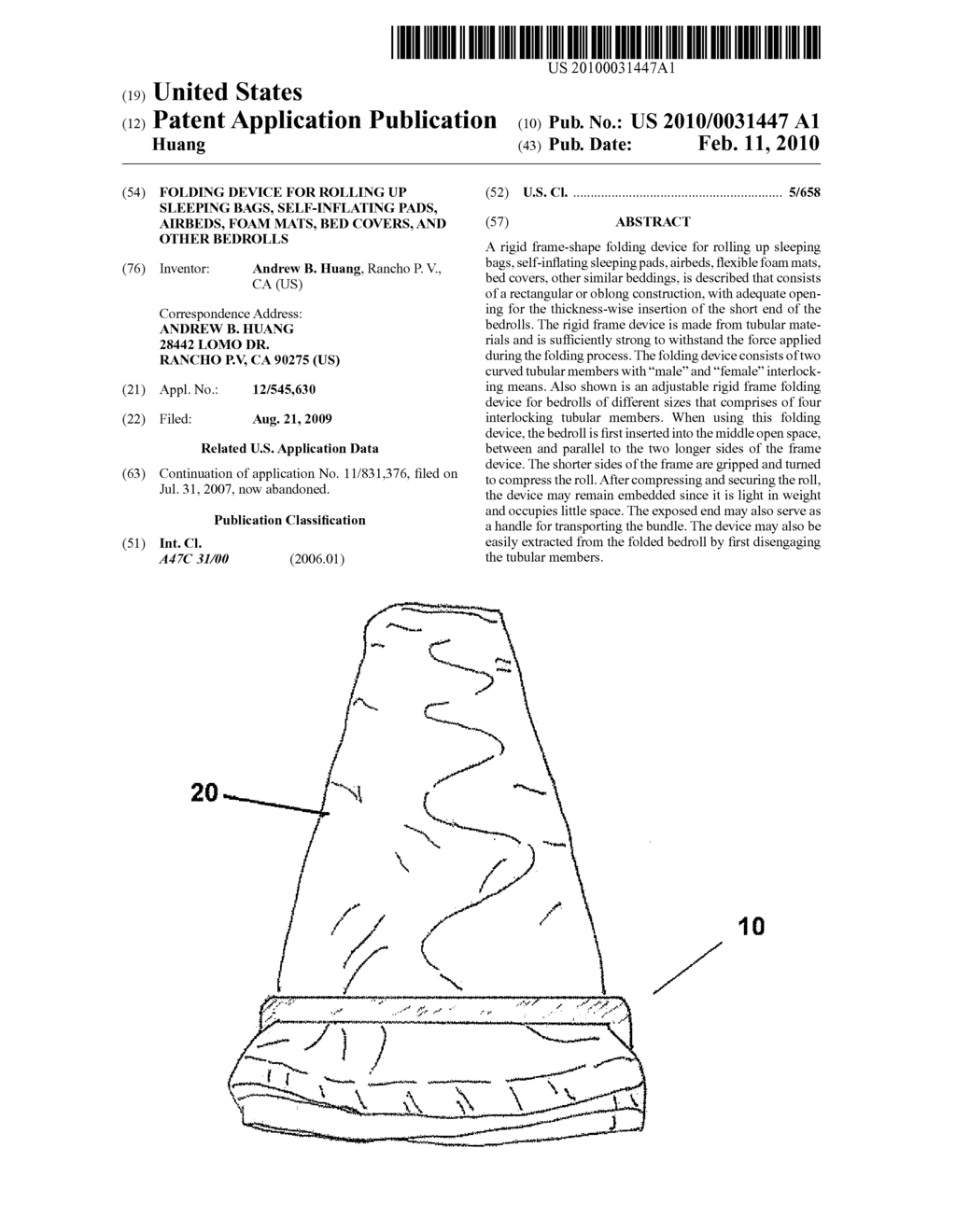 Folding Device for Rolling Up Sleeping Bags, Self-Inflating Pads, Airbeds, Foam Mats, Bed Covers, and Other Bedrolls - diagram, schematic, and image 01