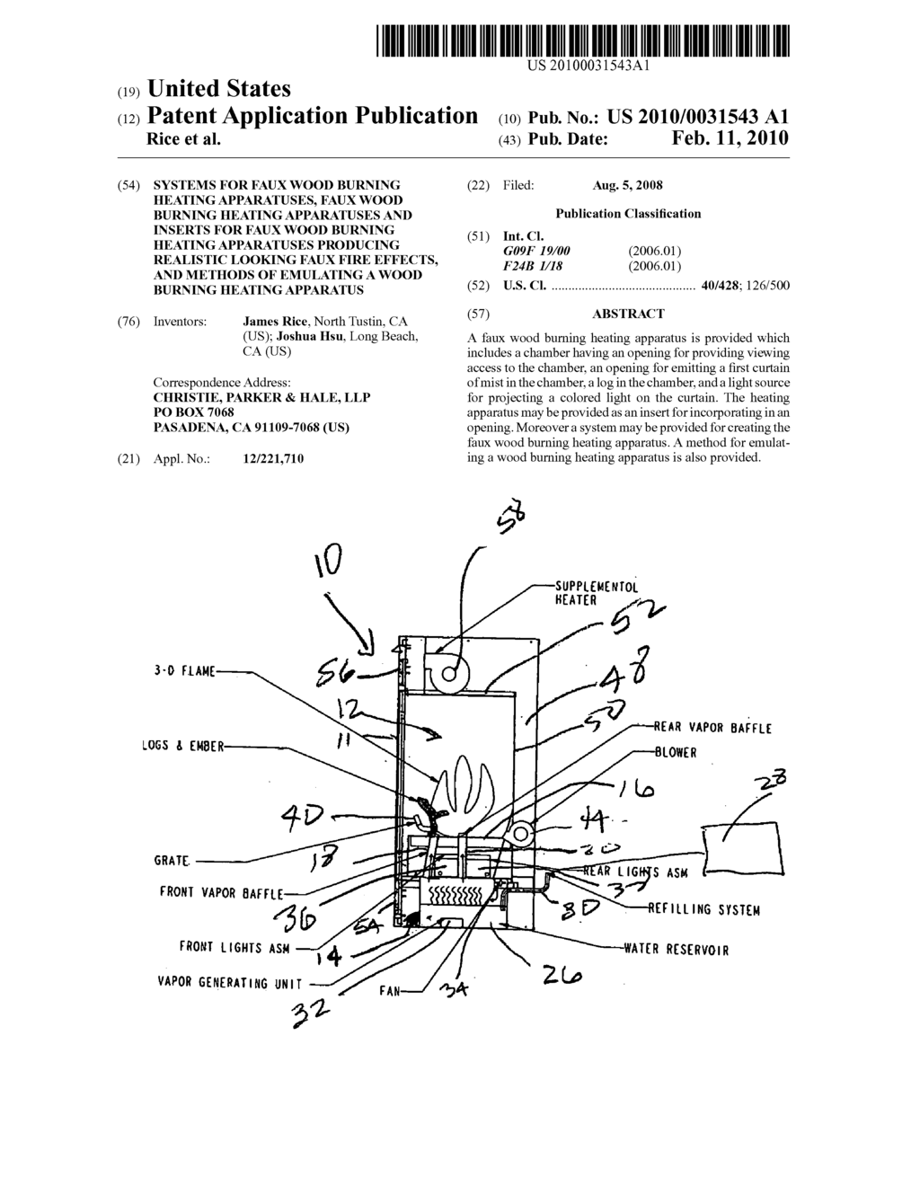 Systems for faux wood burning heating apparatuses, faux wood burning heating apparatuses and inserts for faux wood burning heating apparatuses producing realistic looking faux fire effects, and methods of emulating a wood burning heating apparatus - diagram, schematic, and image 01