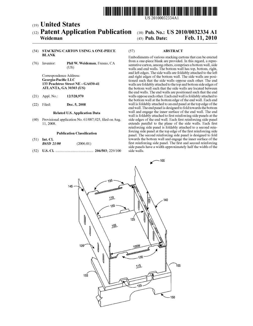 Stacking Carton Using a One-Piece Blank - diagram, schematic, and image 01