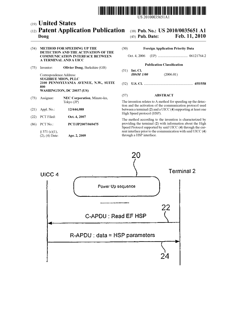 METHOD FOR SPEEDING UP THE DETECTION AND THE ACTIVATION OF THE COMMUNICATION INTERFACE BETWEEN A TERMINAL AND A UICC - diagram, schematic, and image 01