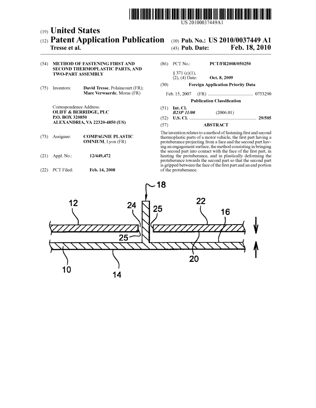 METHOD OF FASTENING FIRST AND SECOND THERMOPLASTIC PARTS, AND TWO-PART ASSEMBLY - diagram, schematic, and image 01