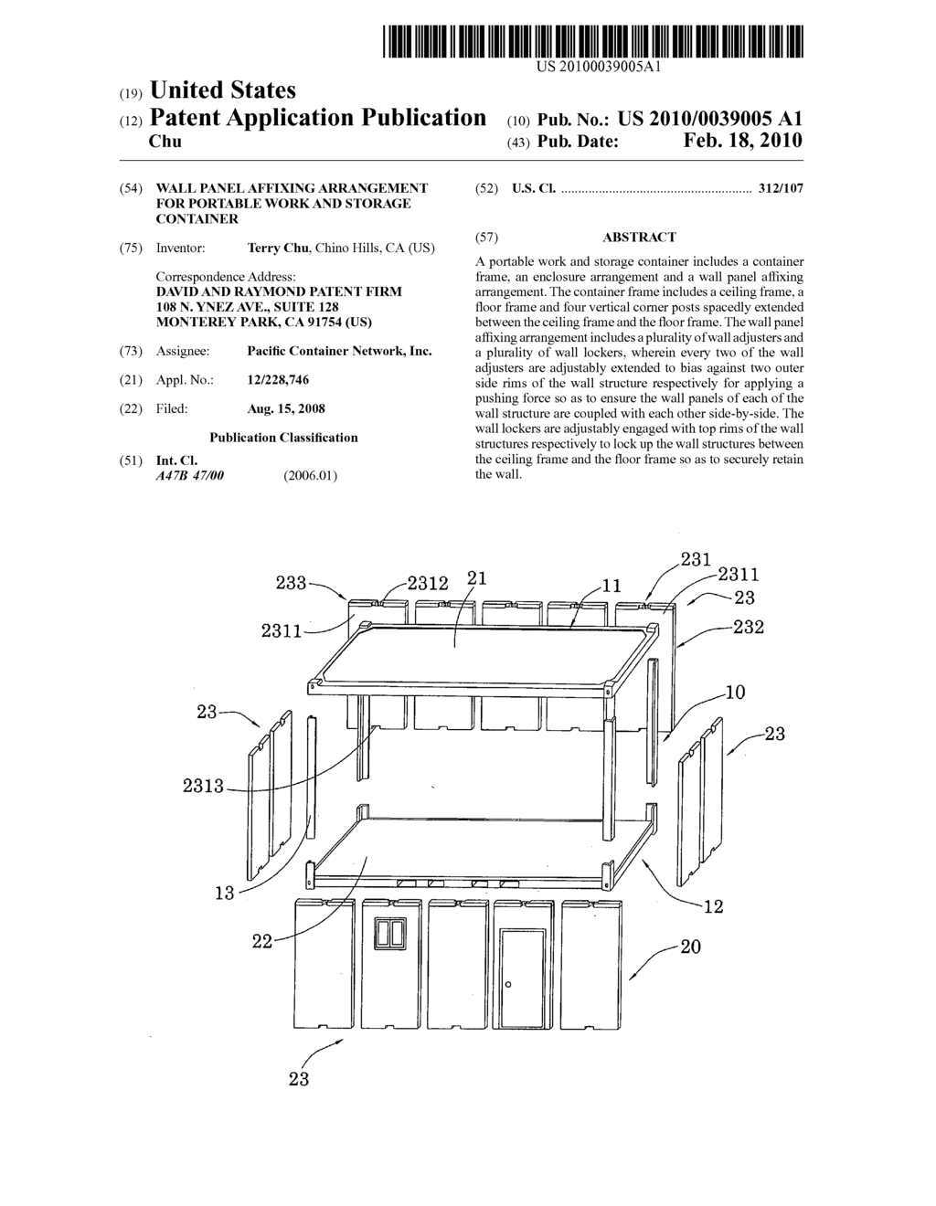 Wall panel affixing arrangement for portable work and storage container - diagram, schematic, and image 01