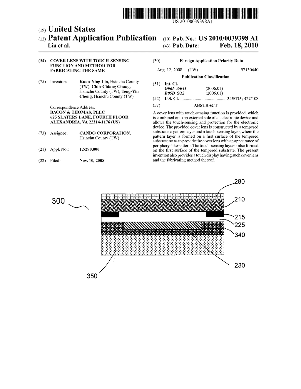 Cover lens with touch-sensing function and method for fabricating the same - diagram, schematic, and image 01
