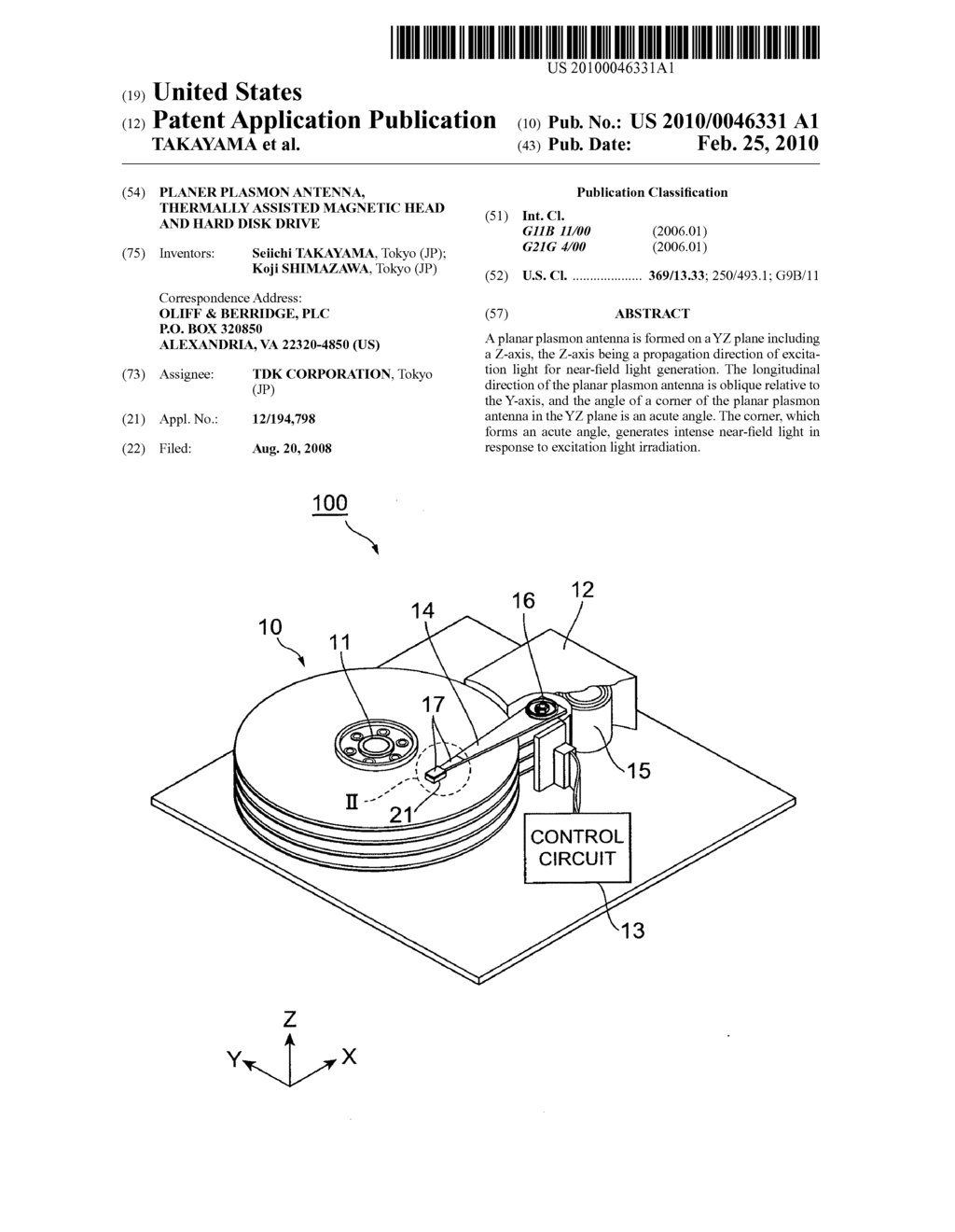 PLANER PLASMON ANTENNA, THERMALLY ASSISTED MAGNETIC HEAD AND HARD DISK DRIVE - diagram, schematic, and image 01