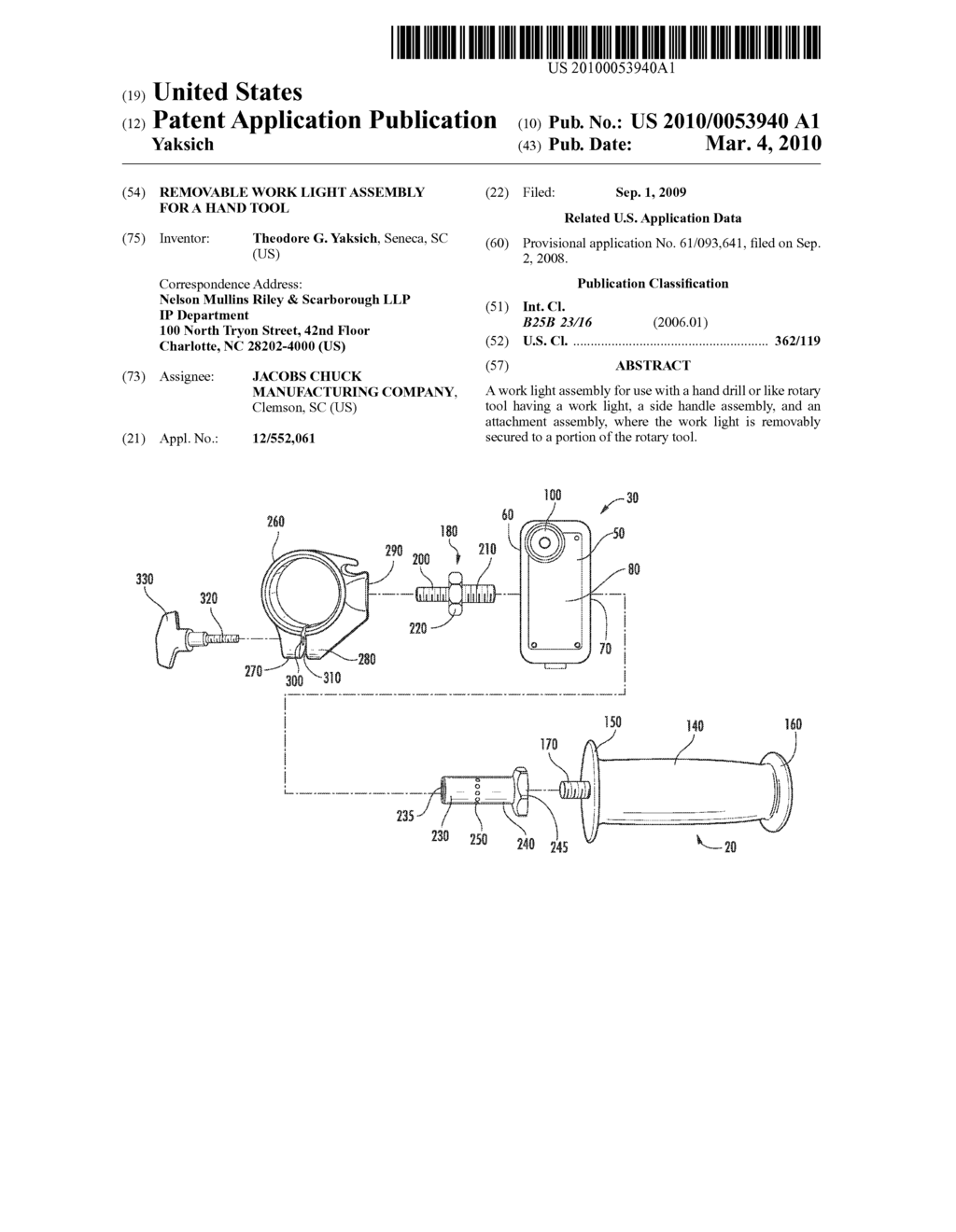 REMOVABLE WORK LIGHT ASSEMBLY FOR A HAND TOOL - diagram, schematic, and image 01